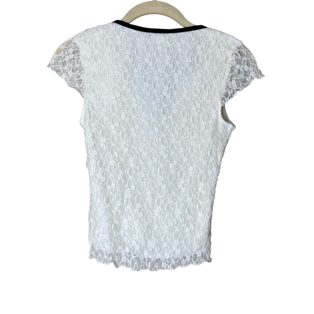90s Y2K White Lace Coquette Top Small V-Neck Black Piping Sheer Fairycore Blouse - Picture 2 of 3